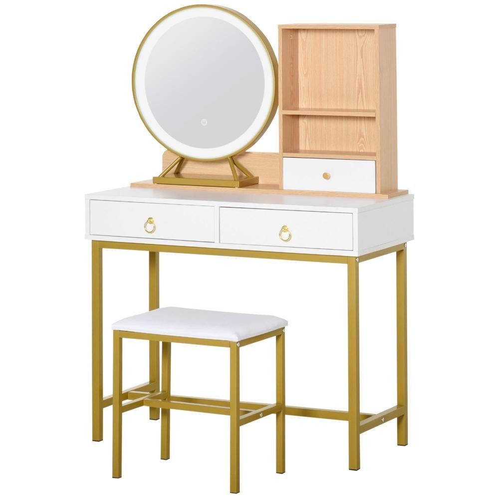 coiffeuse design art déco - miroir led intégré - 3 tiroirs, 2 niches - tabouret inclus - métal doré panneaux particules blanc bois clair (GiFi-AOS-831-349)