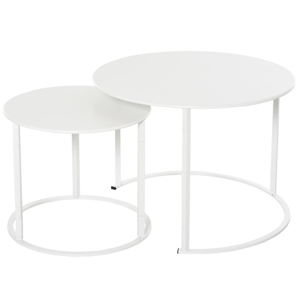 lot de 2 tables basses rondes gigognes empilables de jardin métal époxy blanc (GiFi-AOS-84B-511WT)