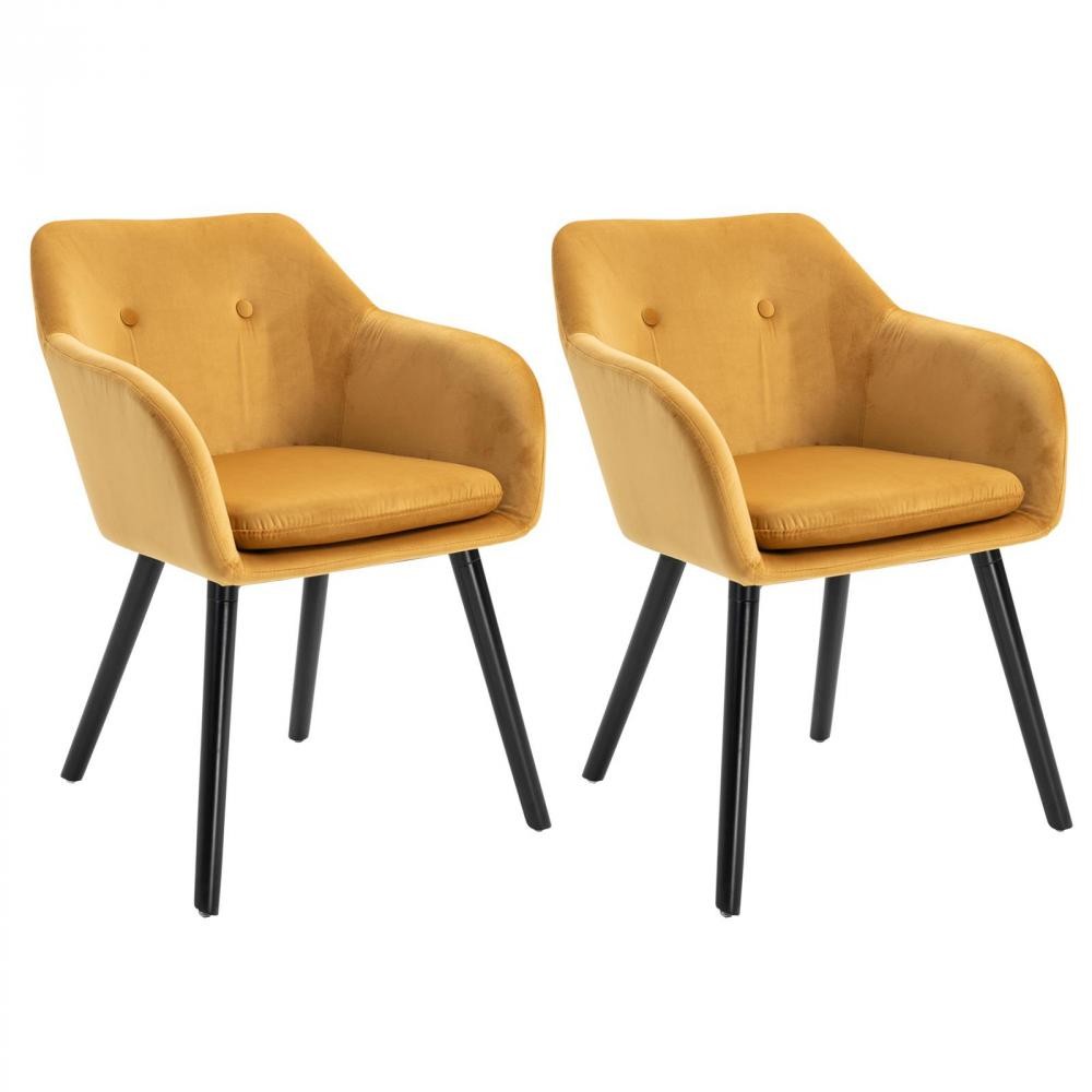 chaises de visiteur design scandinave - lot de 2 chaises - pieds effilés bois noir - assise dossier accoudoirs ergonomiques velours moutarde (GiFi-AOS-835-140)