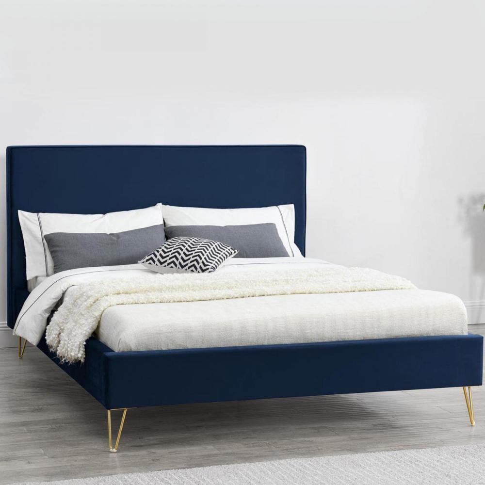 cadre de lit en velours bleu & pieds laiton 140x190 cm riverside (GiFi-CON-224645)