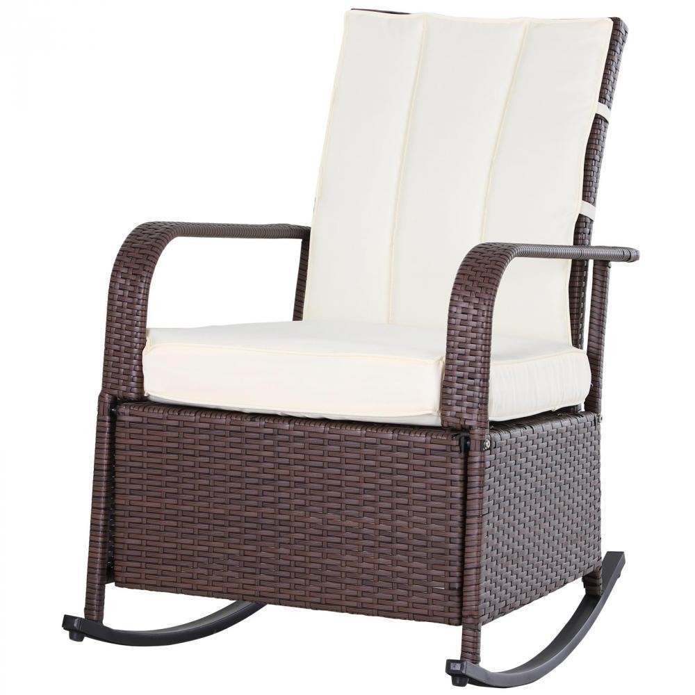 rocking chair fauteuil à bascule grand confort style cosy coussins assise dossier déperlant crème résine tressée imitation rotin chocolat (GiFi-AOS-867-055CW)