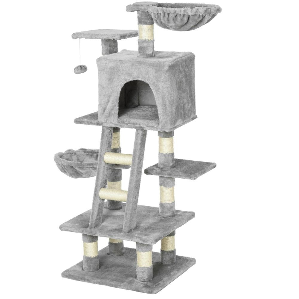 arbre à chats multi-équipements griffoirs grattoirs niche plateformes + échelle + hamacs + boule suspendue gris (GiFi-AOS-D30-268)