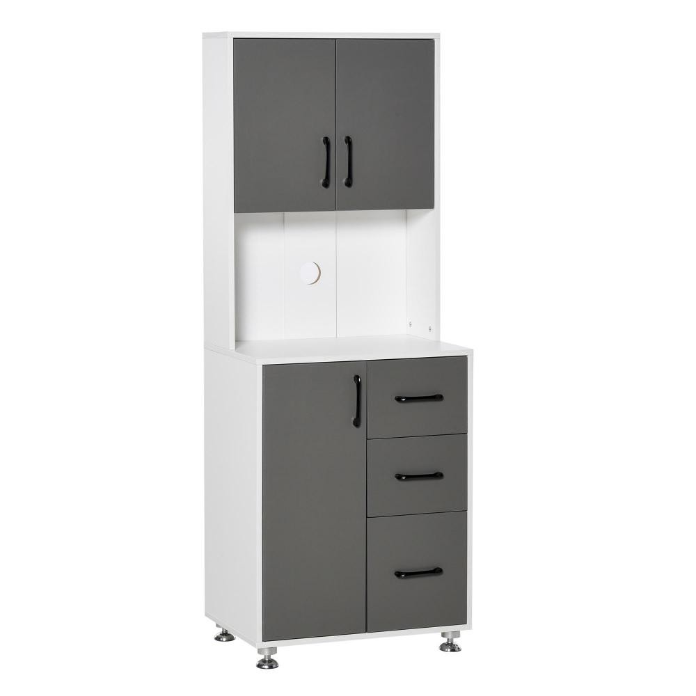 armoire de cuisine multi-rangements 2 + 1 porte 3 tiroirs + grand plateau dim. 60l x 40l x 150h cm bicolore gris blanc (GiFi-AOS-835-341)