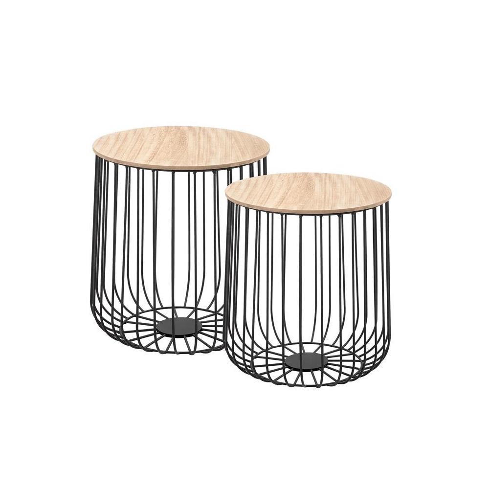 lot de 2 tables d'appoint errano en métal noir et décor bois naturel (GiFi-MOB-94996)