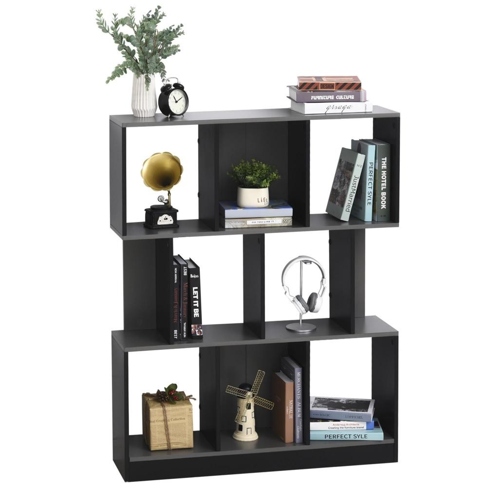 bibliothèque étagère meuble de rangement 3 niveaux design contemporain mdf e1 bicolore gris noir (GiFi-AOS-836-259BK)