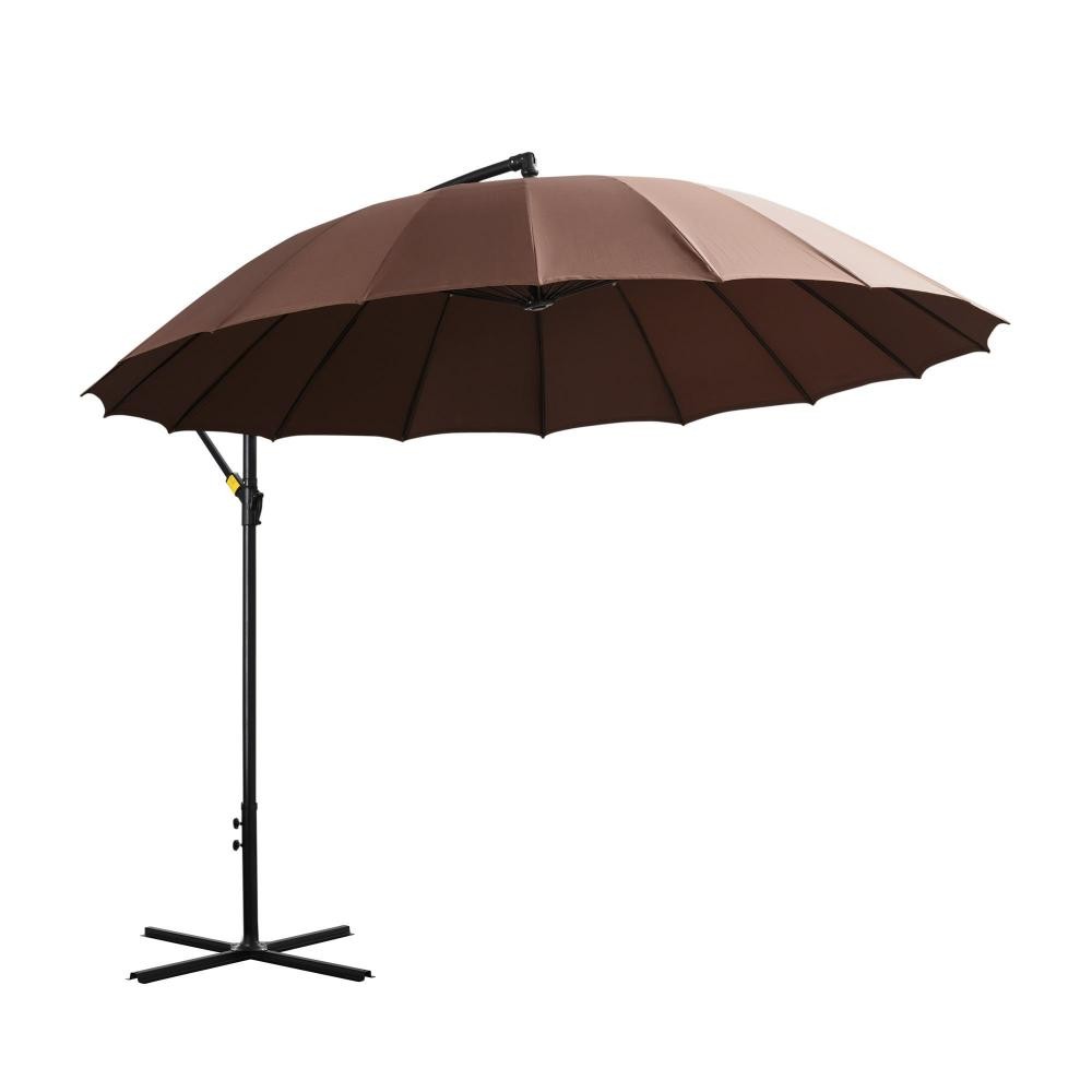 parasol déporté rond inclinable manivelle piètement mât métal. dim. Ø 2,96 x 2,45h m polyester haute densité chocolat (GiFi-AOS-84D-118BN)