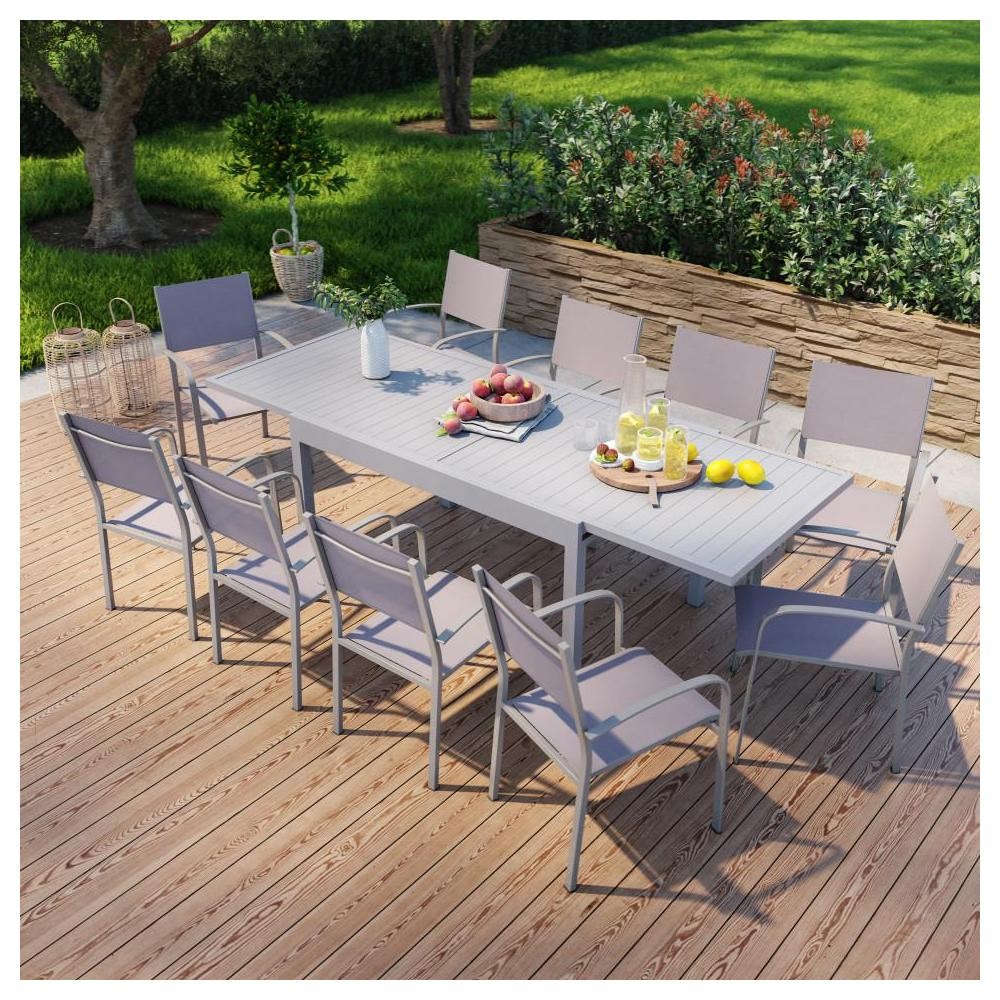 table de jardin extensible en aluminium 270cm + 10 fauteuils empilables textile gris taupe - milo 10 (GiFi-IMS-GR-MILO-10F014GT)