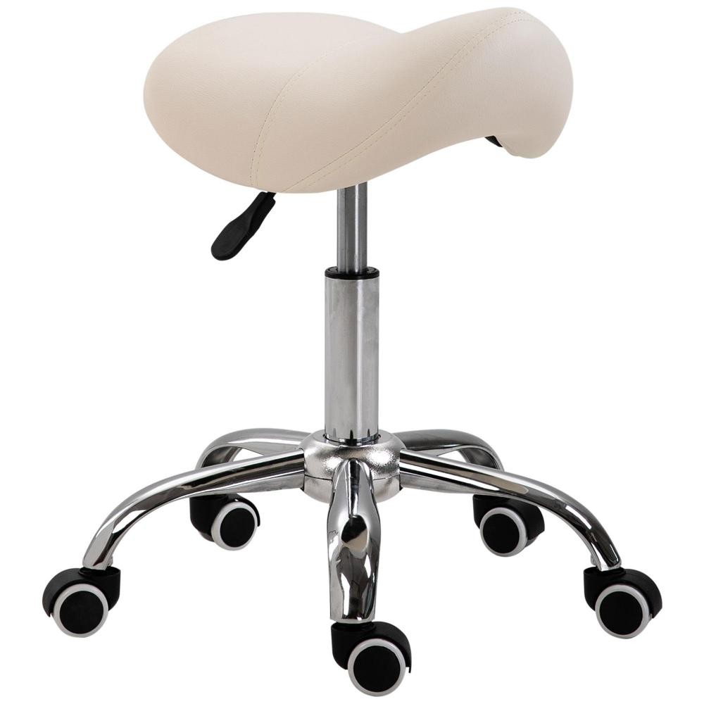 tabouret de massage tabouret selle ergonomique pivotant 360° hauteur réglable revêtement synthétique beige chromé (GiFi-AOS-02-0693)