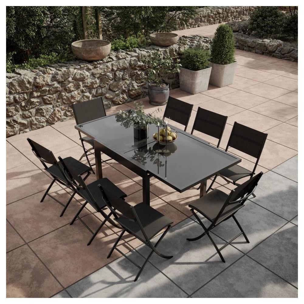 table de jardin extensible aluminium verre 90/180cm  + 8 chaises pliantes textilène gris anthracite - bora (GiFi-IMS-GR-T90180N-2x4CH011N)