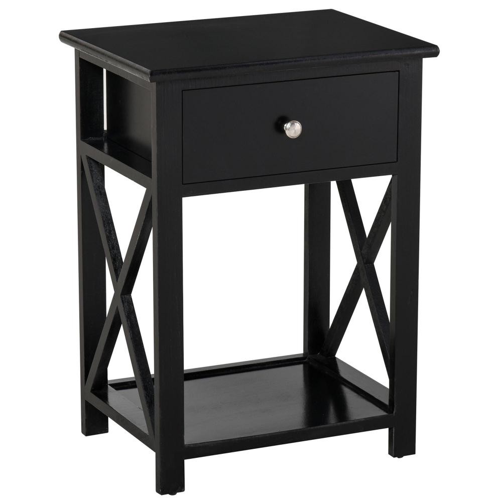 table de chevet table de nuit style cosy avec croix latérales tiroir et étagère bois et mdf noir (GiFi-AOS-833-239BK)
