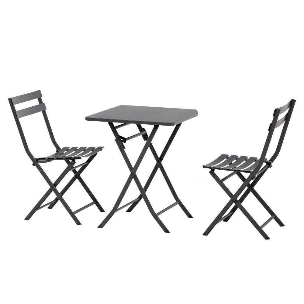 salon de jardin bistro pliable - table carrée dim. 60l x 60l x 71h cm avec 2 chaises - métal thermolaqué gris (GiFi-AOS-863-055GY)