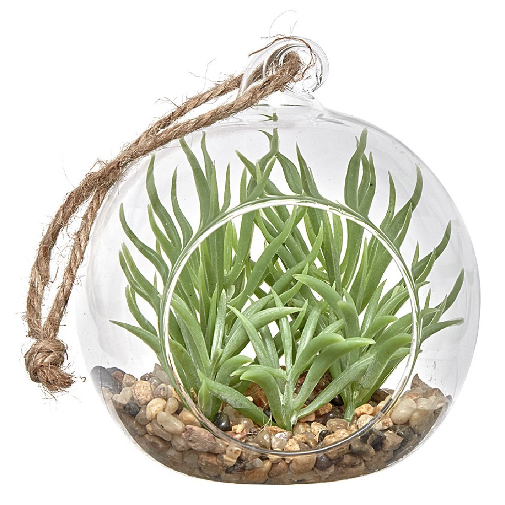 plante grasse artificielle boule en verre avec corde à suspendre (GiFi-373394X)