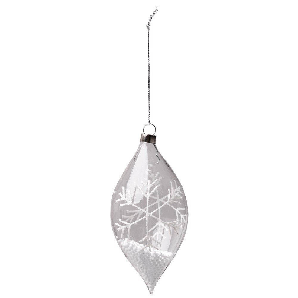 boule de noël en verre transparent forme goutte motif flocon blanc (GiFi-392013X)