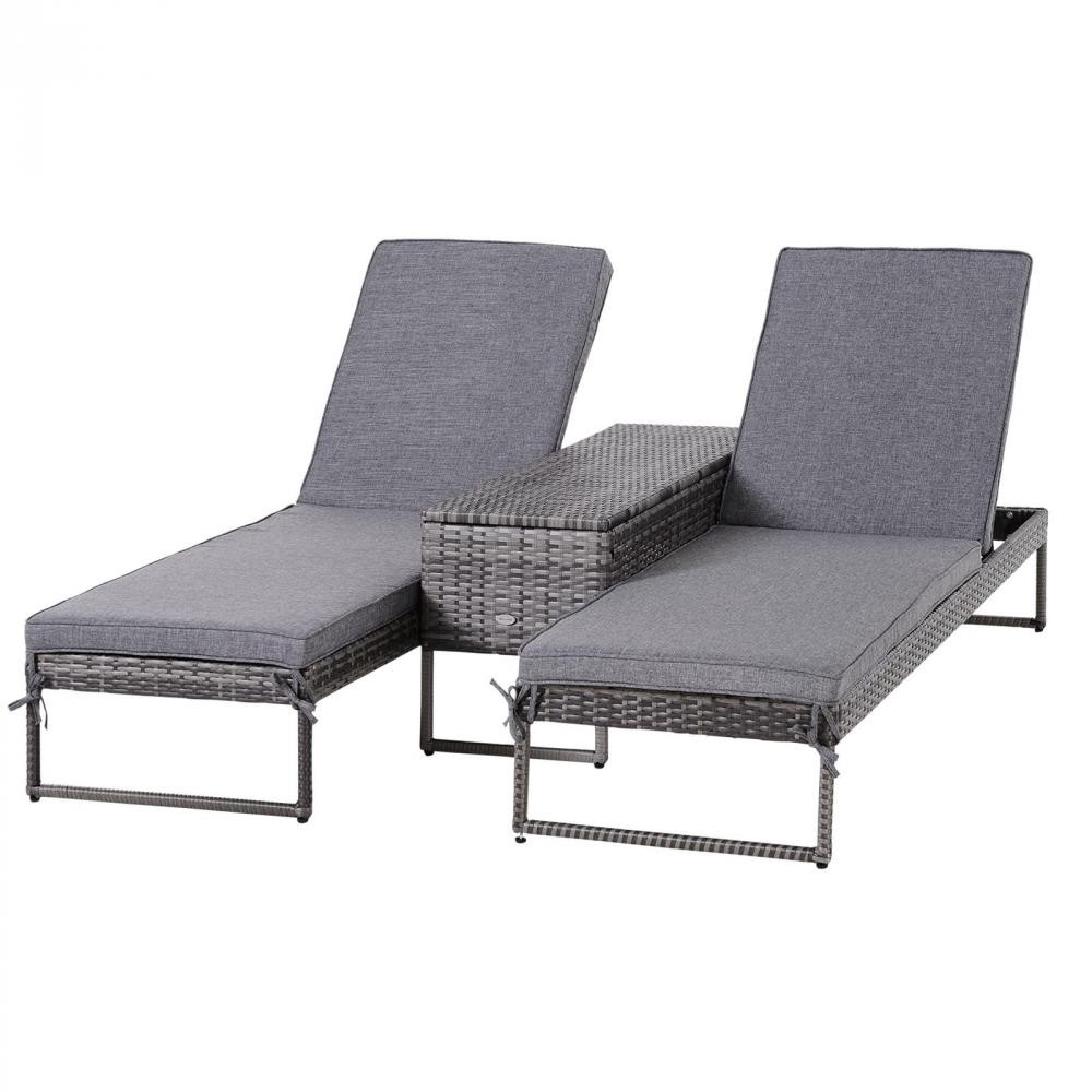 lot de 2 transats bains de soleil design - grand confort - matelas déhoussable, inclinaison réglable multi-positions - table basse - résine tressée grise (GiFi-AOS-862-022GY)