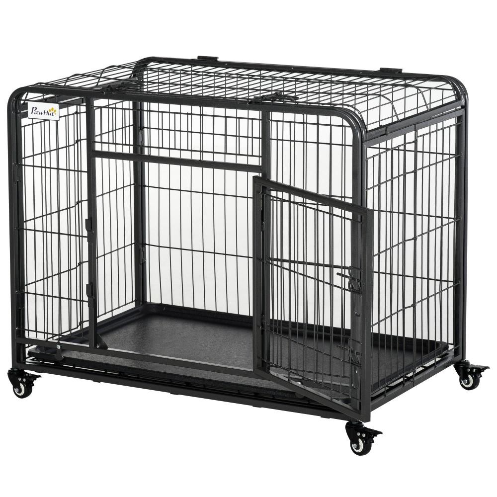 cage pour chien pliable cage de transport sur roulettes 2 portes verrouillables plateau amovible dim. 125l x 76l x 81h cm métal gris noir (GiFi-AOS-D02-052V02)