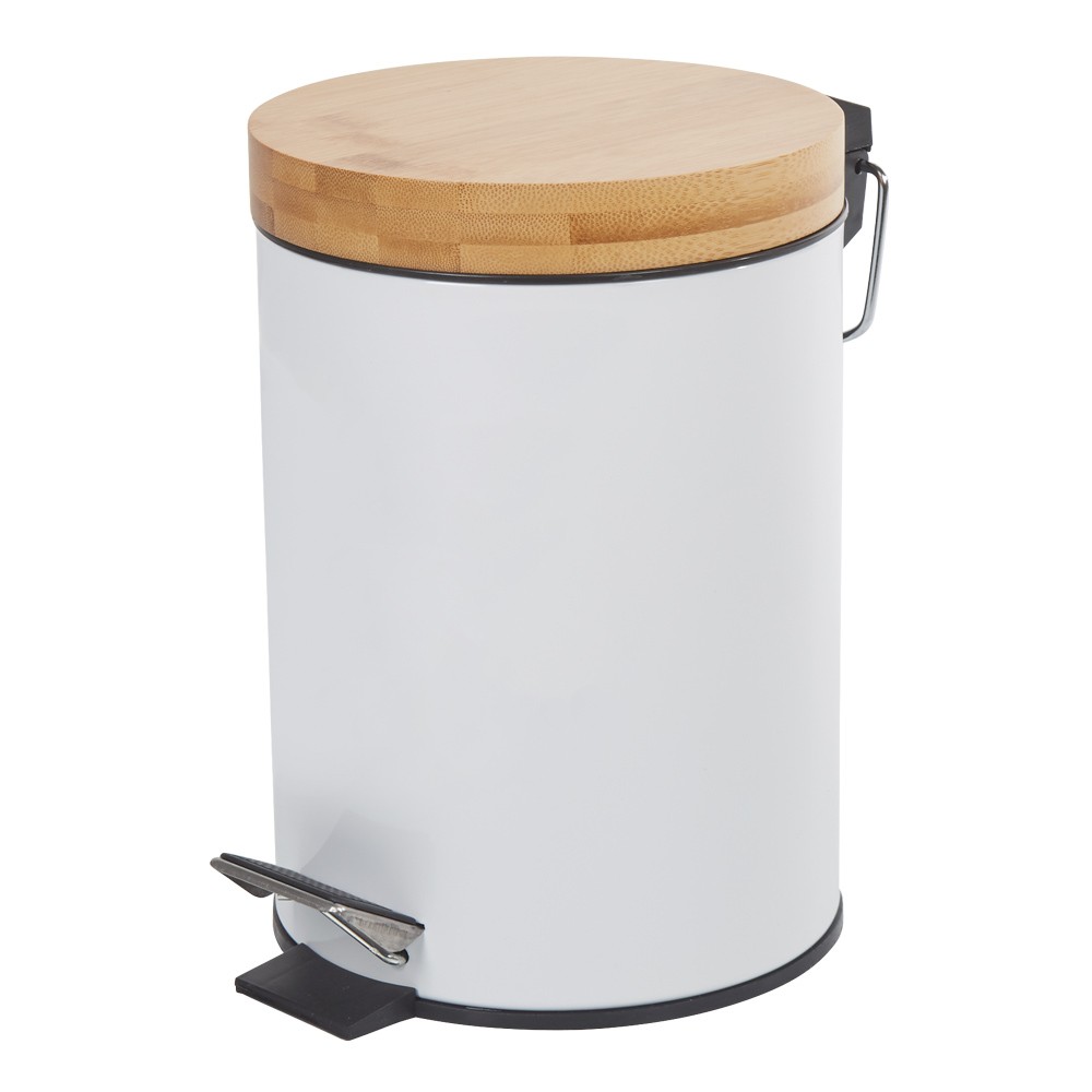 poubelle salle de bain blanche avec couvercle bambou (GiFi-407061X)