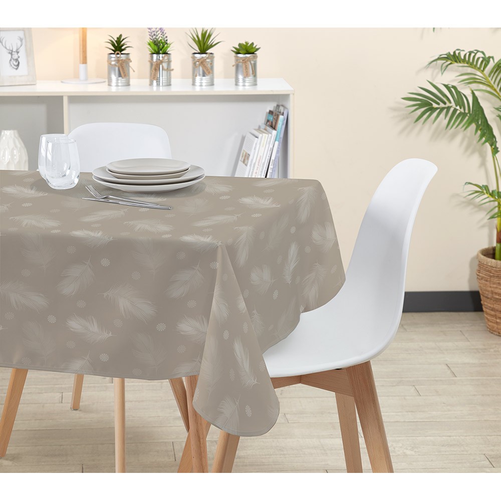 nappe rectangulaire polyester anti tâche motif plume taupe (GiFi-411010X)