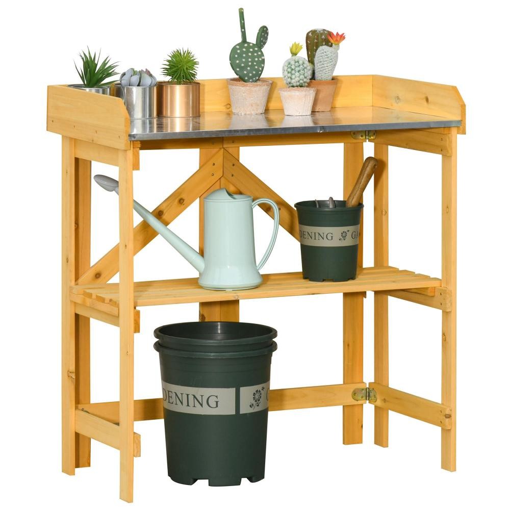table de rempotage jardinage pliable - étagère plateau acier galvanisé avec rebord - bois sapin pré-huilé (GiFi-AOS-845-355)