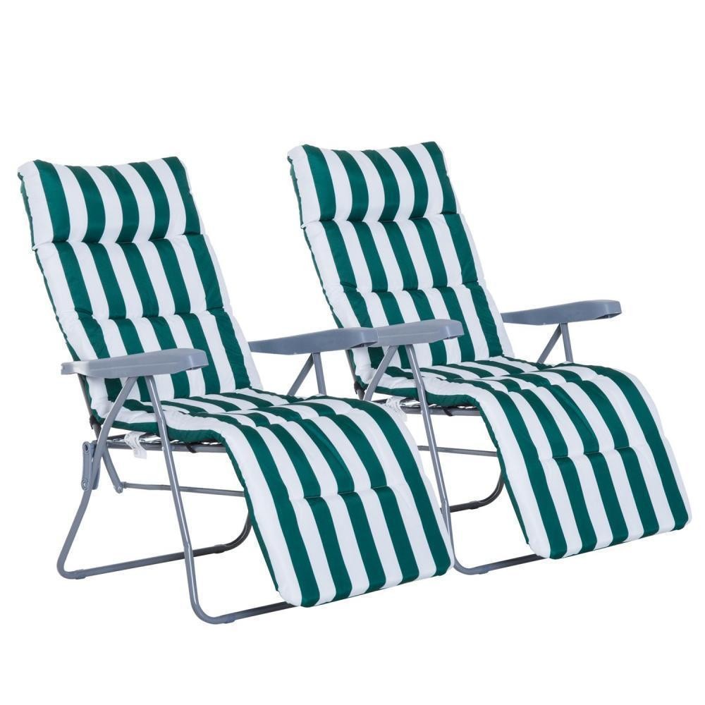 lot de 2 chaise longue bain de soleil adjustable pliable transat lit de jardin en acier vert + blanc (GiFi-AOS-01-0710)