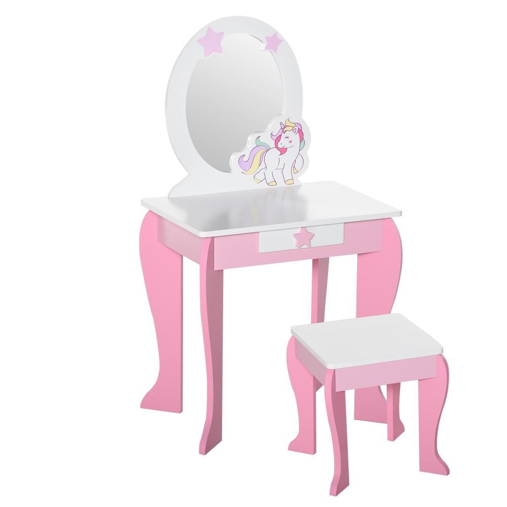 coiffeuse enfant design licorne - tabouret inclus - dim. 49l x 34l x 90h cm - tiroir, miroir - mdf - rose blanc (GiFi-AOS-350-089)