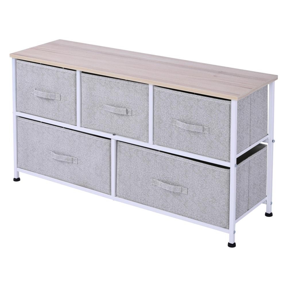 commode meuble de rangement dim. 100l x 30l x 54h cm 5 tiroirs non-tissés gris structure acier blanc plateau mdf bois clair (GiFi-AOS-831-252)