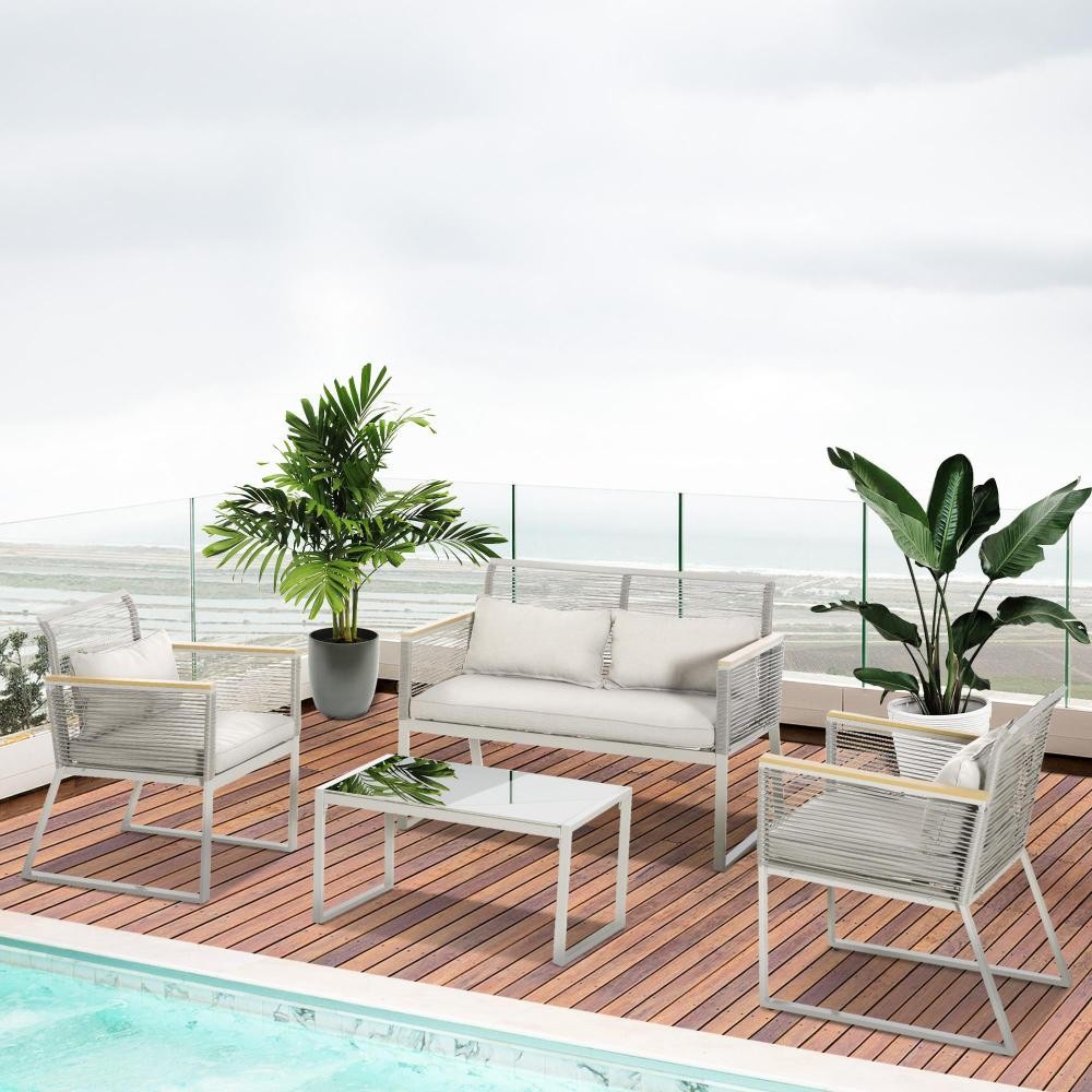 ensemble salon de jardin design contemporain style yachting 4 places accoudoirs bois coussins inclus table basse métal époxy résine tressée gris (GiFi-AOS-867-100)