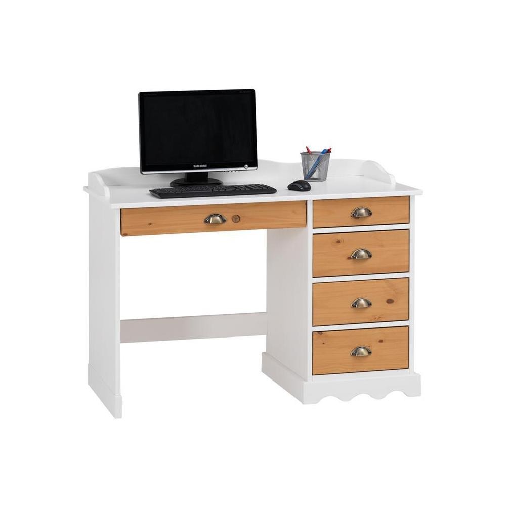 bureau en pin colette avec corniche lasuré blanc et brun (GiFi-MOB-7253)