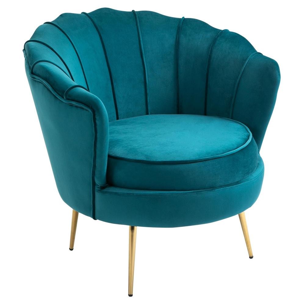 fauteuil coquillage fauteuil design dim. 79l x 77l x 77h cm pieds dorés effilés velours bleu canard (GiFi-AOS-833-961)