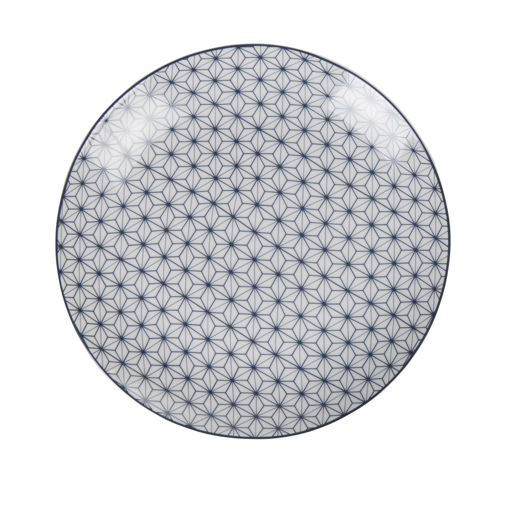 assiette à dessert ronde motif géométrique prisme blanc et bleu (GiFi-508723X)