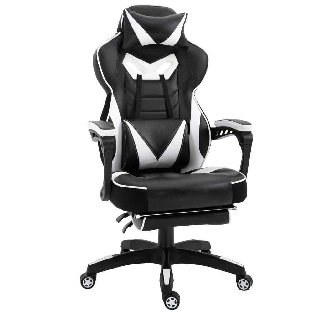 fauteuil de bureau gamer style baquet racing - pivotant, inclinable - coussin lombaire, tétière, repose-pieds inclus - revêtement synthétique blanc noir (GiFi-AOS-921-237WT)