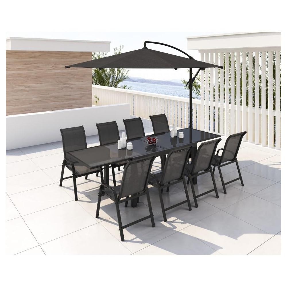 table de jardin extensible aluminium 140/280cm + 8 fauteuils empilables textilène noir - faro (GiFi-IMS-KN-T140280N-4x2CH002N)