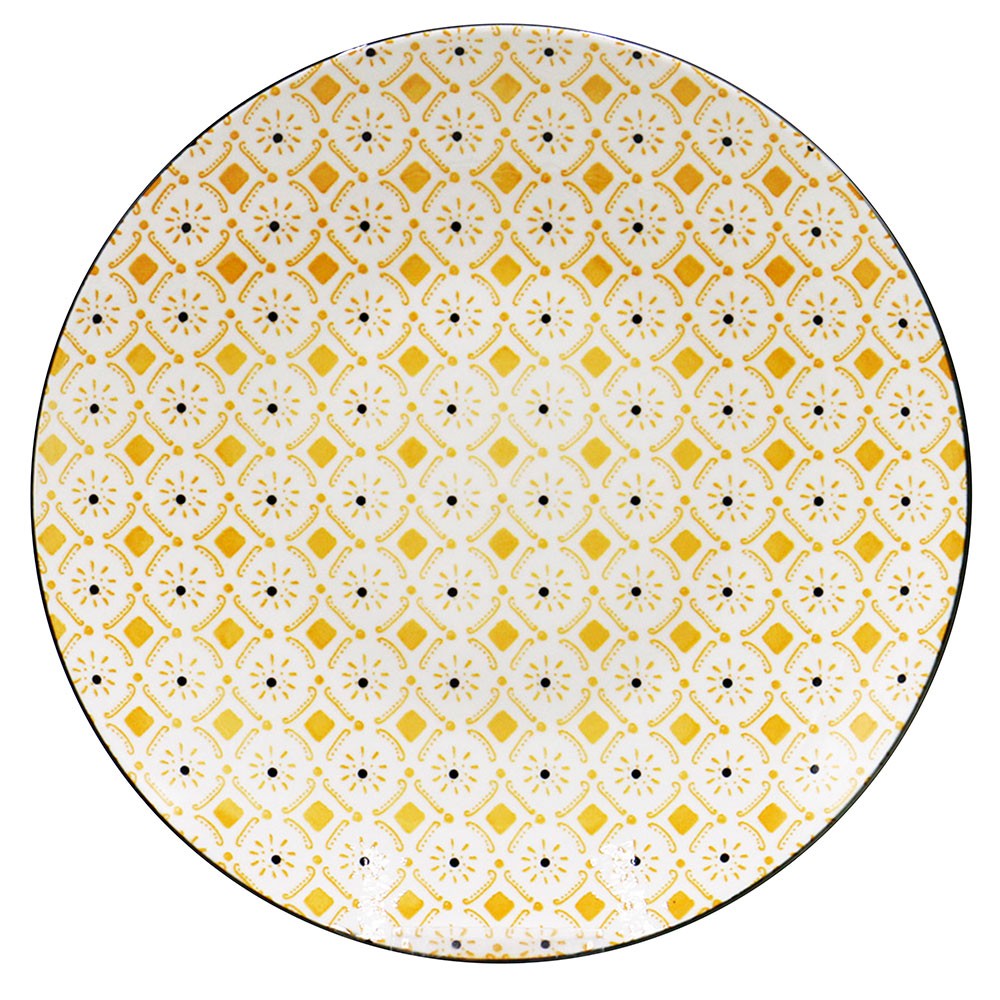 assiette plate ronde praia motif blanc jaune noir (GiFi-527717X)