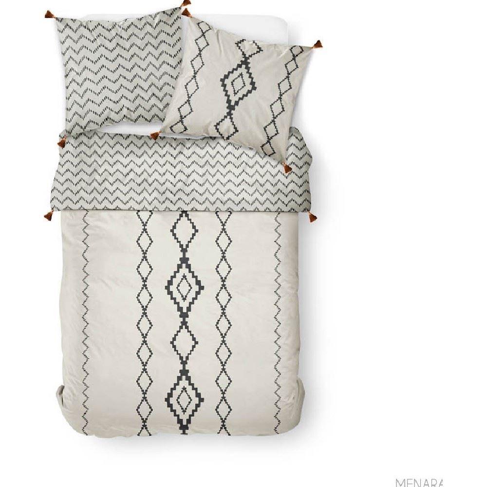 parure de lit blanc cassé motifs berberes noirs avec pompons (GiFi-536212X)