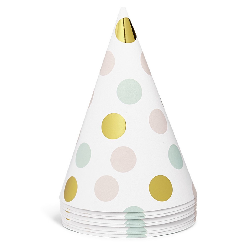 chapeau de fête blanc à poids rose, vert et doré en carton x 8 (GiFi-545501X)