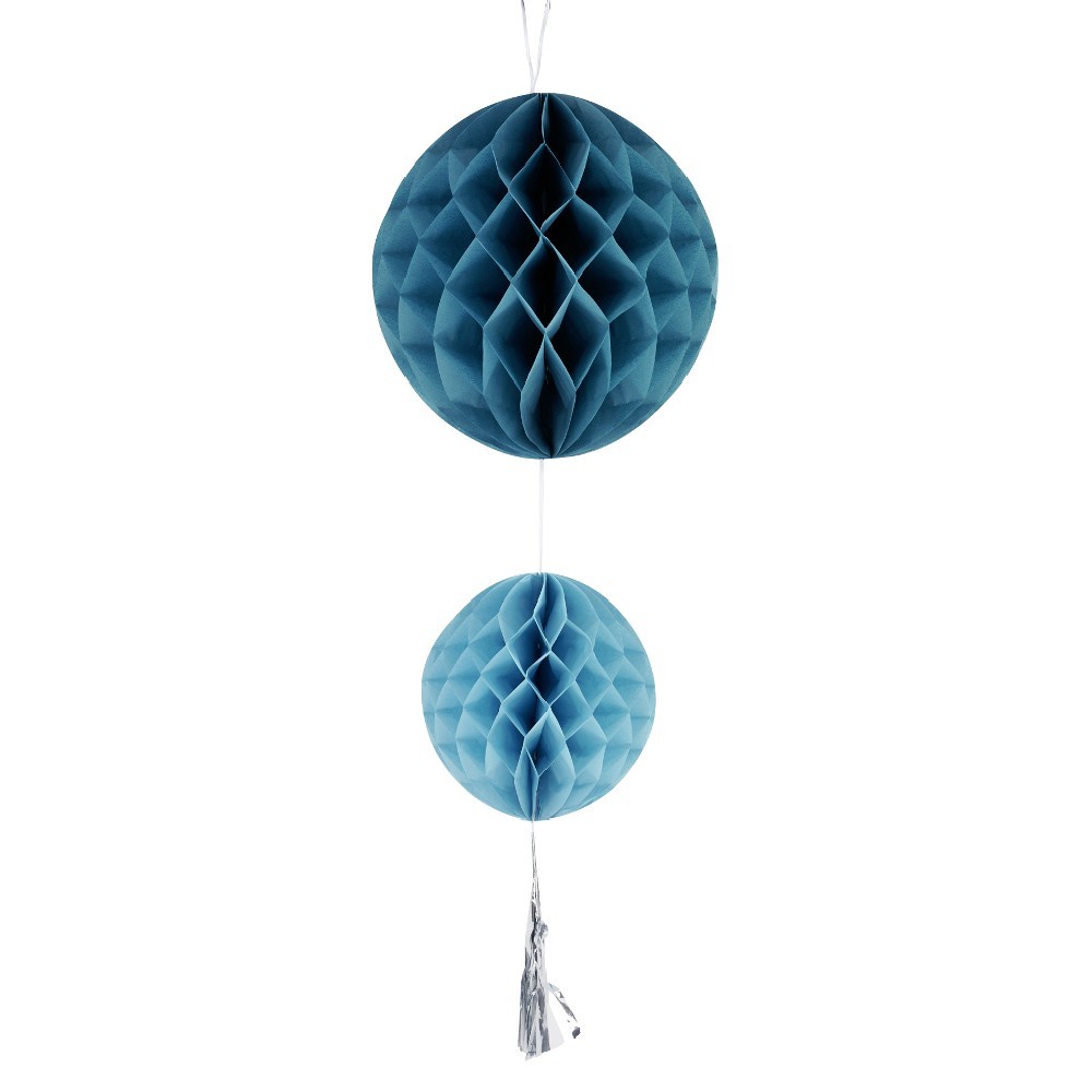 suspension 2 boules en papier bleu et son pompon (GiFi-545766X)