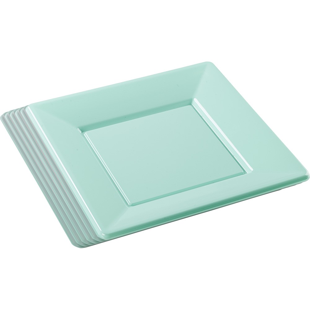 lot de 6 assiettes plates carrées en plastique réutilisable vert d'eau (GiFi-548156X)