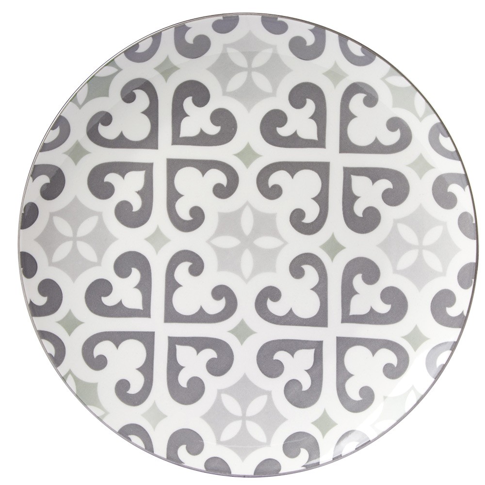 assiette plate ronde motif carreau de ciment gris et blanc (GiFi-548553X)