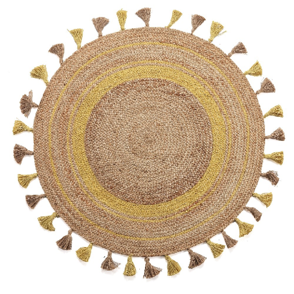 tapis tissé rond avec pompons naturel et jaune (GiFi-550117X)