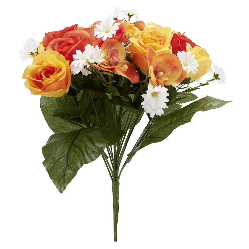 piquet rose+orchidée+pâquerette h40 cm jaune - fleur artificielle 18 têtes (GiFi-553044X)
