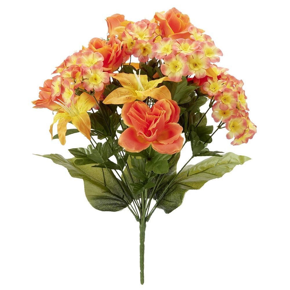 piquet lys+rose+primevère h53 cm orange - fleur artificielle 24 têtes (GiFi-553047X)