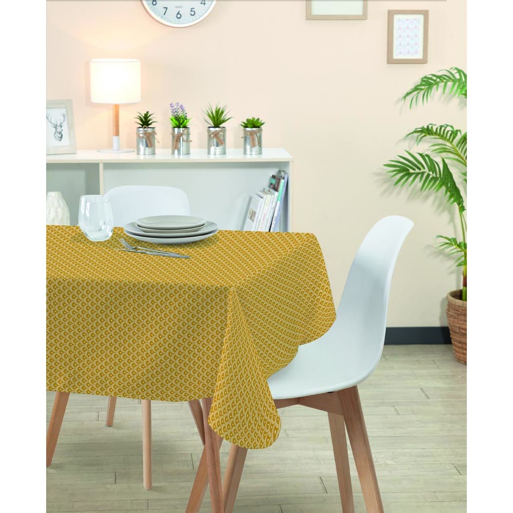 nappe rectangulaire polyester anti tâche imprimé écailles jaune blanc (GiFi-553304X)