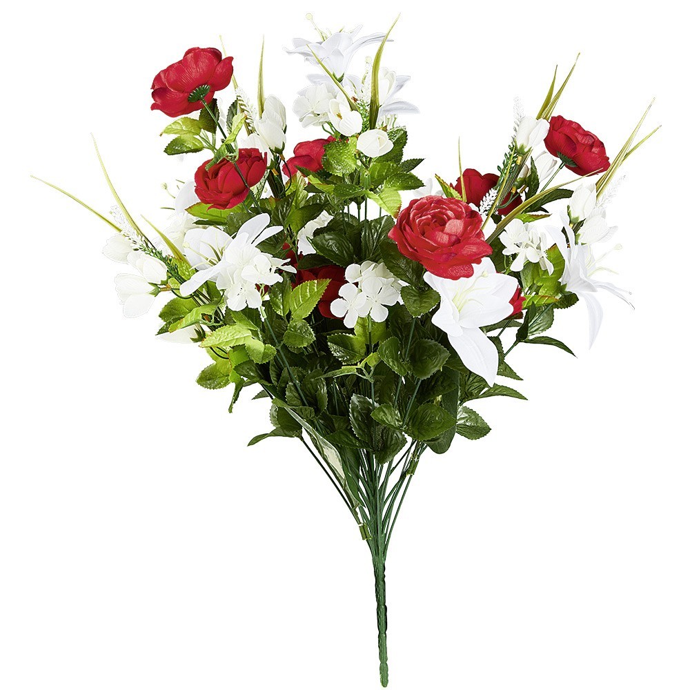 piquet lys + roses h37 cm blanc rouge - fleur artificielle 36 têtes (GiFi-555418X)