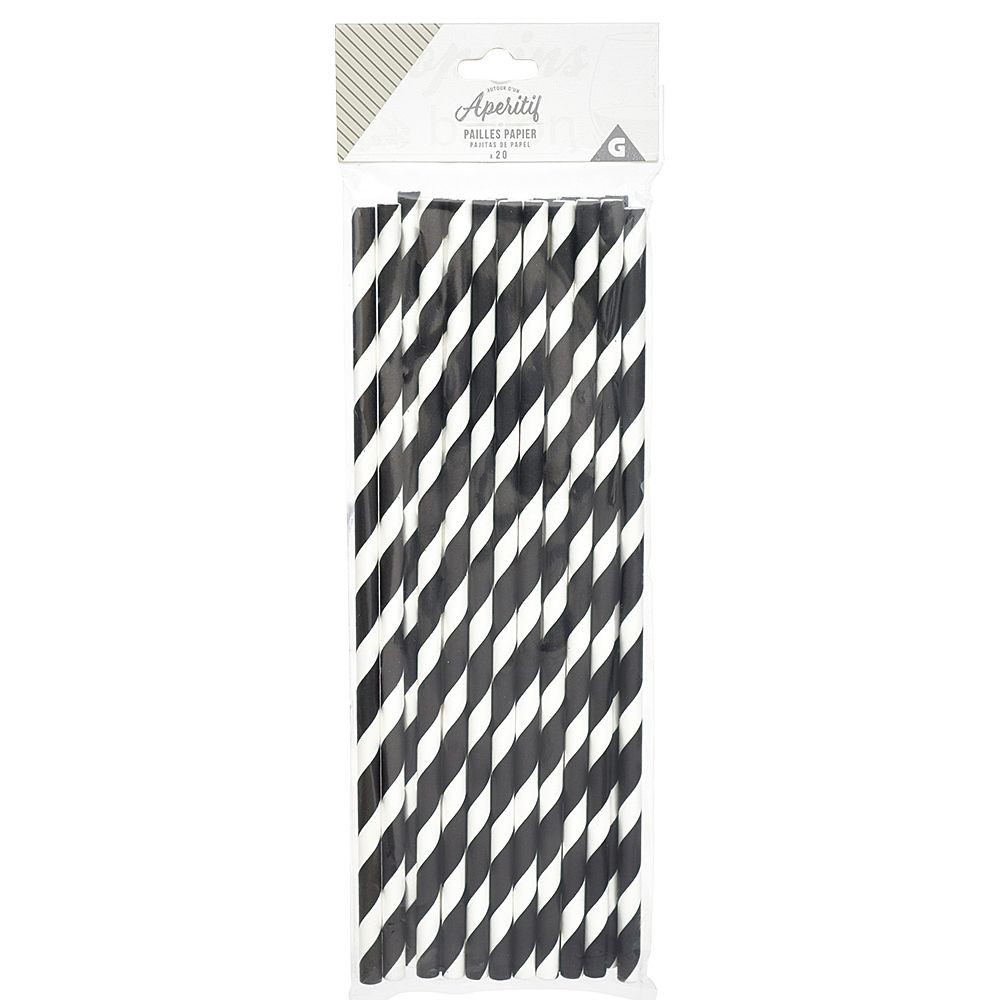 paille jetable en papier motif chevron blanc et noir x20 (GiFi-555893X)