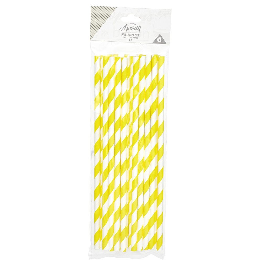 paille jetable en papier motif chevron blanc et jaune x20 (GiFi-555896X)