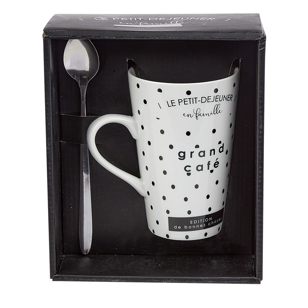 mug porcelaine avec cuillère inox motif pois noir blanc 45 cl (GiFi-556428X)