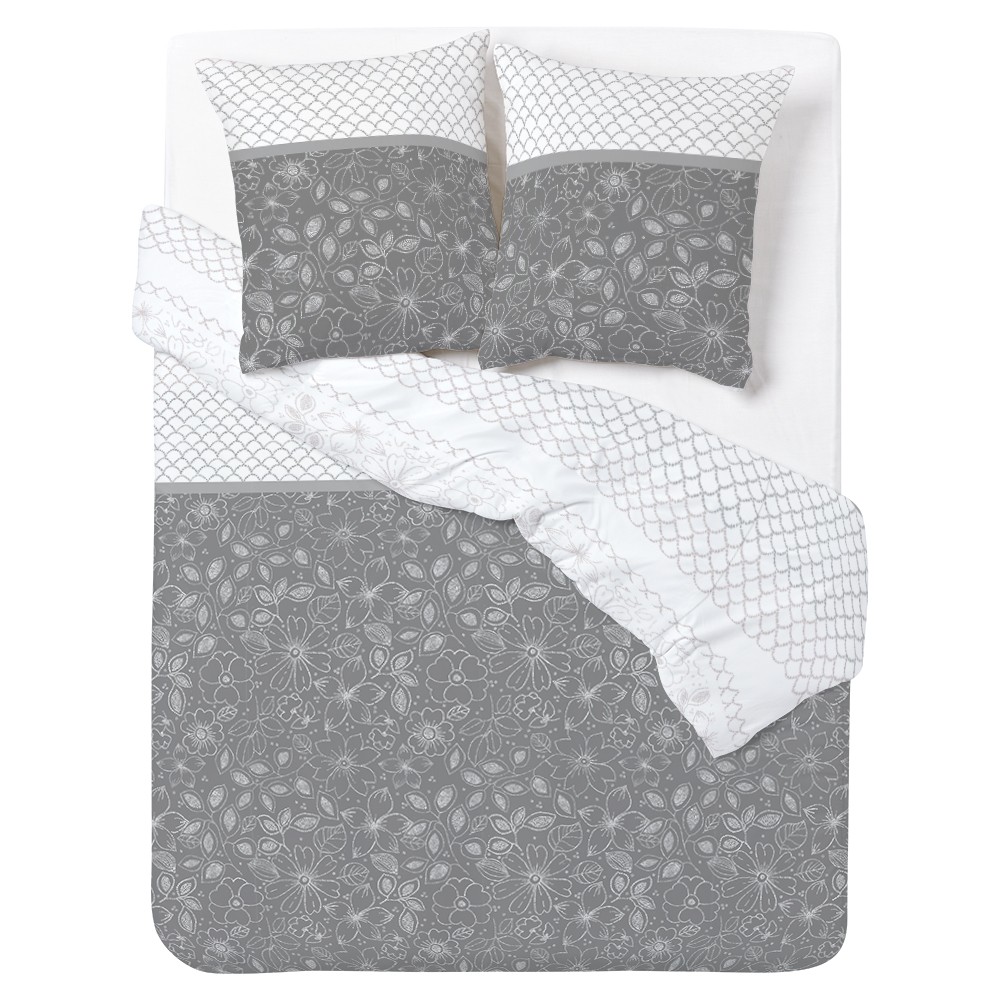 parure de lit en coton motif fleur et écaille gris 240x260 cm (GiFi-559945X)