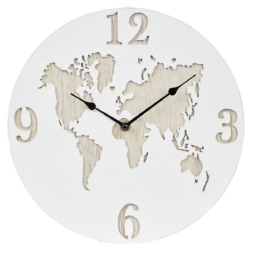 horloge ronde design planisphère effet bois blanc naturel Ø30 cm (GiFi-560370X)