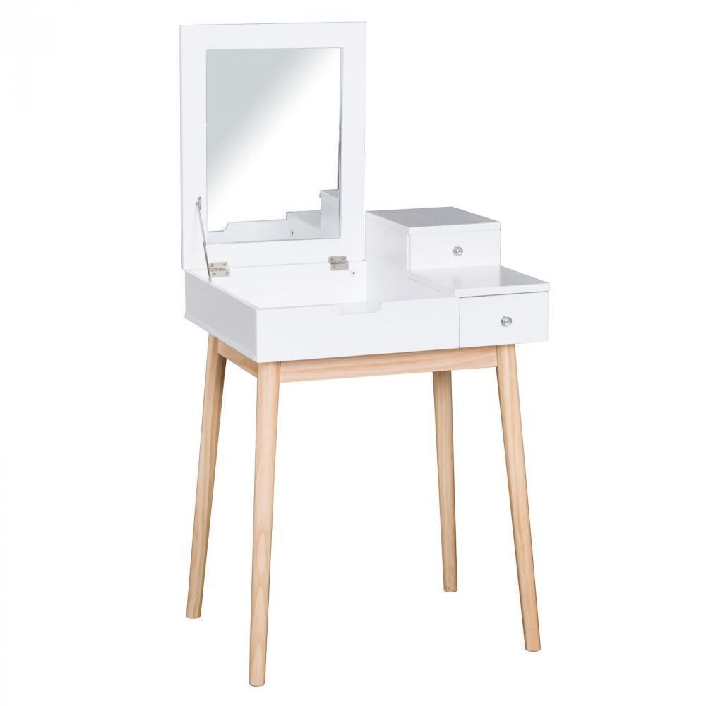 coiffeuse design scandinave table de maquillage multi-rangements miroir pliable 60l x 50l x 86h cm pin et mdf blanc (GiFi-AOS-831-183)