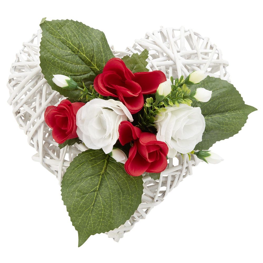 coeur en rotin + rose artificielle rouge blanc h18 cm (GiFi-570066X)