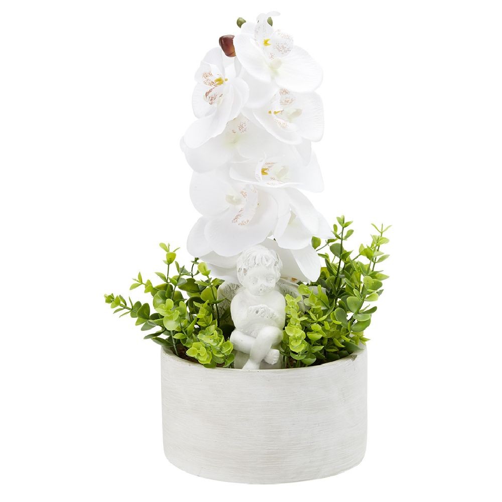 fleur artificielle orchidée dans pot en ciment h40 cm blanc (GiFi-570068X)